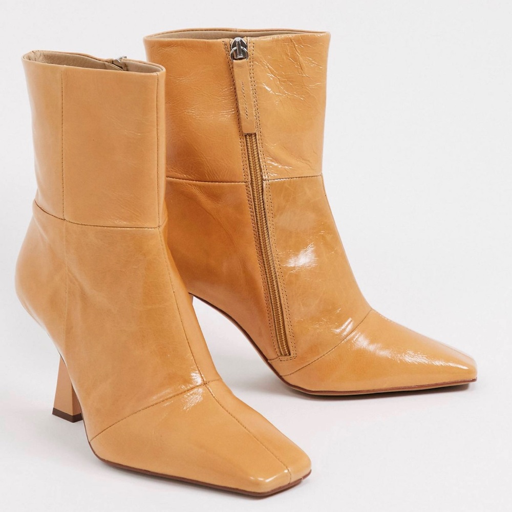 Leather Square Toe Heeled Boots in Natural